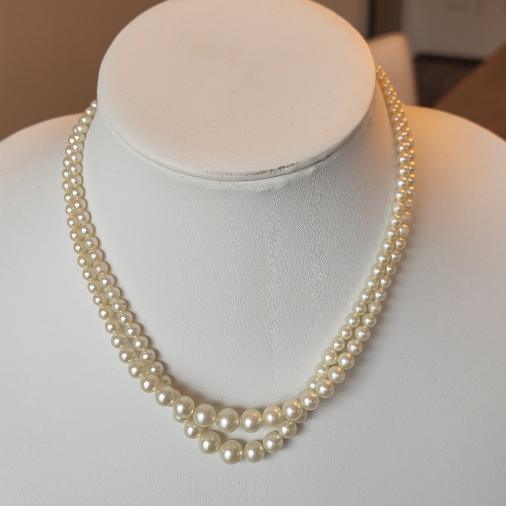 Vintage Double Strand Faux Pearl Necklace Rhinestone Art Deco Style Clasp